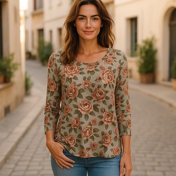 LOGO BY LORI GOLDSTEIN GREEN & BROWN FLORAL DRESSY CASUAL SWING BLOUSE SZ M - Picture 1 of 8